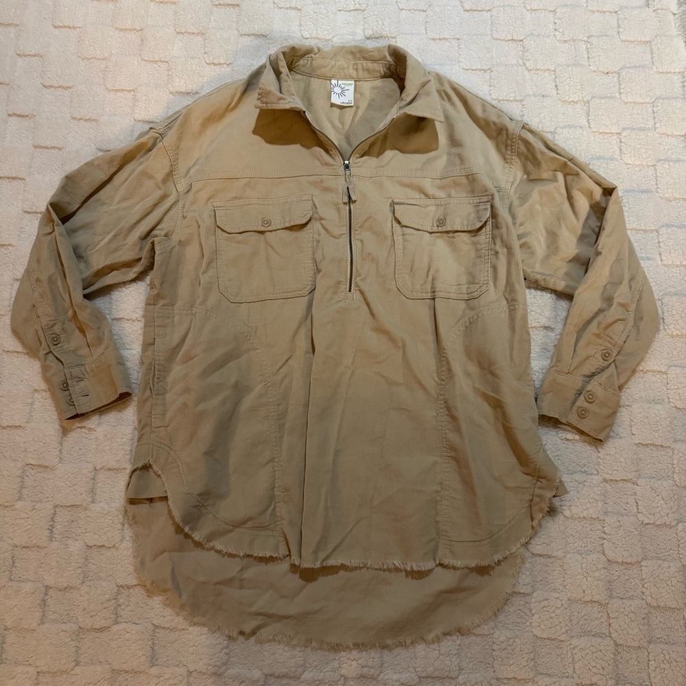 Aerie Offline Tan 1/2 Zip Corduroy Oversized Utility Shacket, Women’s Small